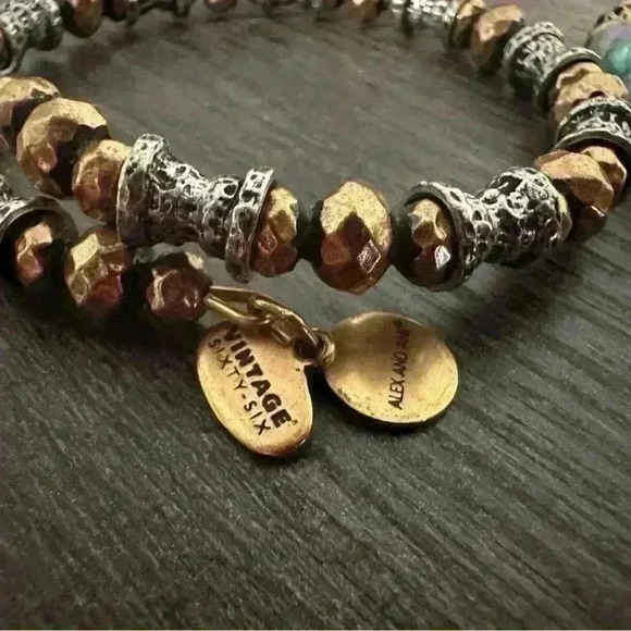 Alex And Ani Bangle Bracelets Gold and Turquoise Beads Boho Adjustable Size - Picture 2 of 4